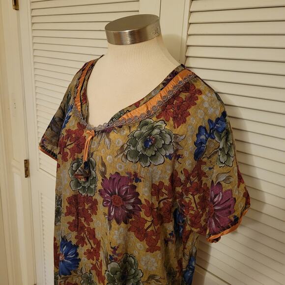 Vintage 80s Floral Cotton Nightgown Flow Dress Yoke Nightwear XL Green Sheer - Picture 7 of 7